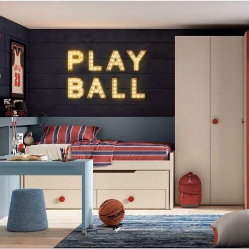 Dormitorio juvenil con cama compacta, escritorio deslizante, armario rincón con puertas plegables