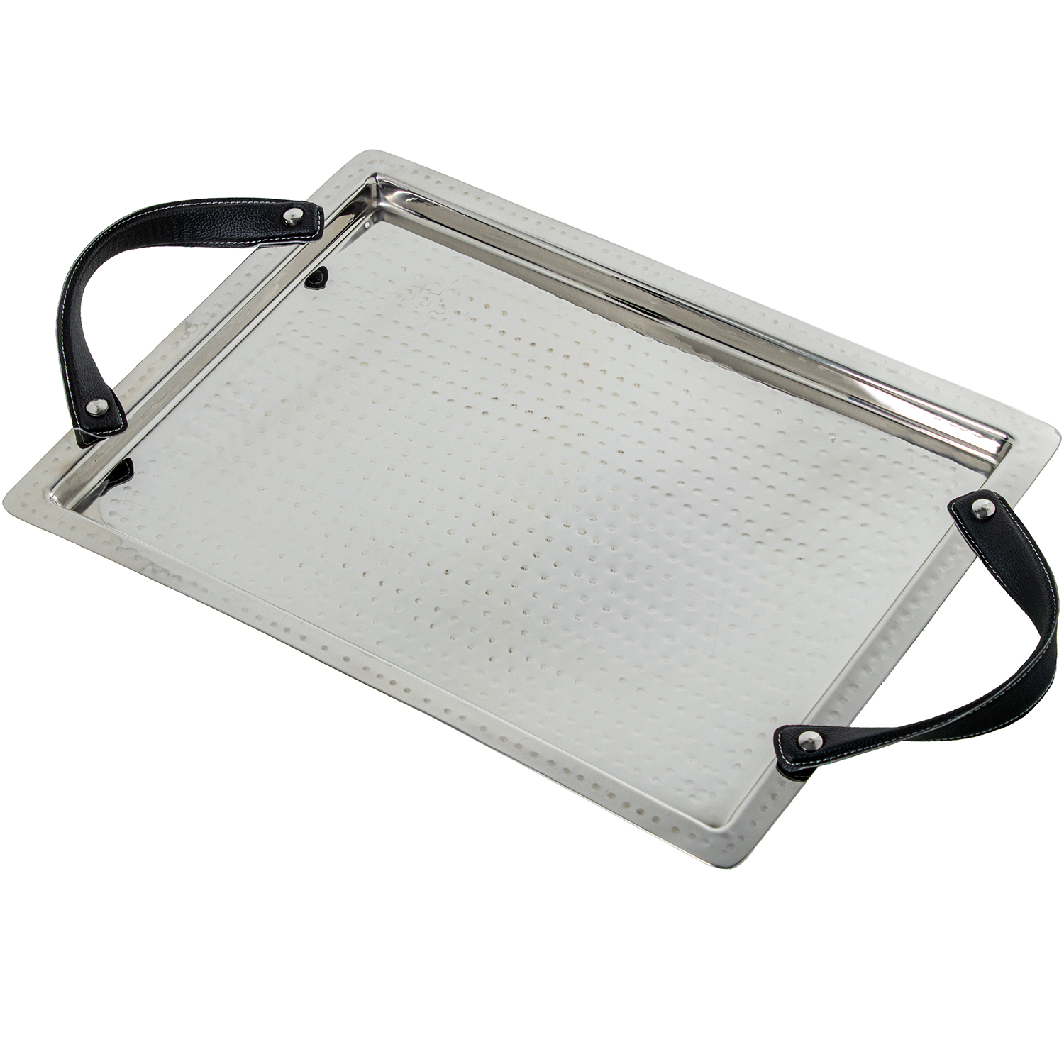 BANDEJA ACERO INOX. C/ASAS CUERA DE CUERO, MARTILLADO BRILL0