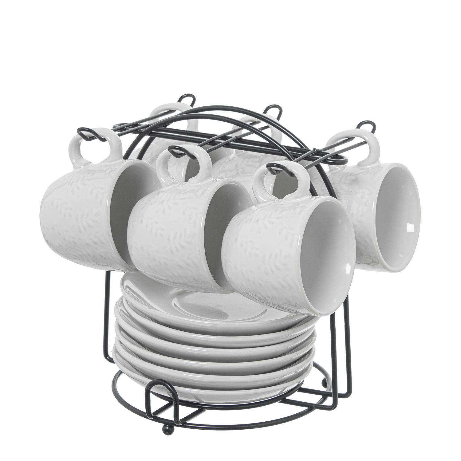 SET 6 TAZAS CAFÉ C/PLATO CERÁMA BLANCA C/SOPORTE METAL NEGRO