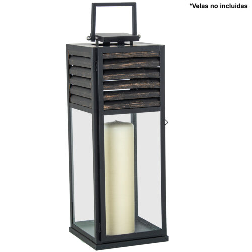 FAROL PORTAVELAS 54CM METAL NEGRO/MADERA
