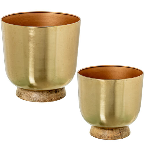 SET 2 MACETEROS METAL DORADO BASE MADERA