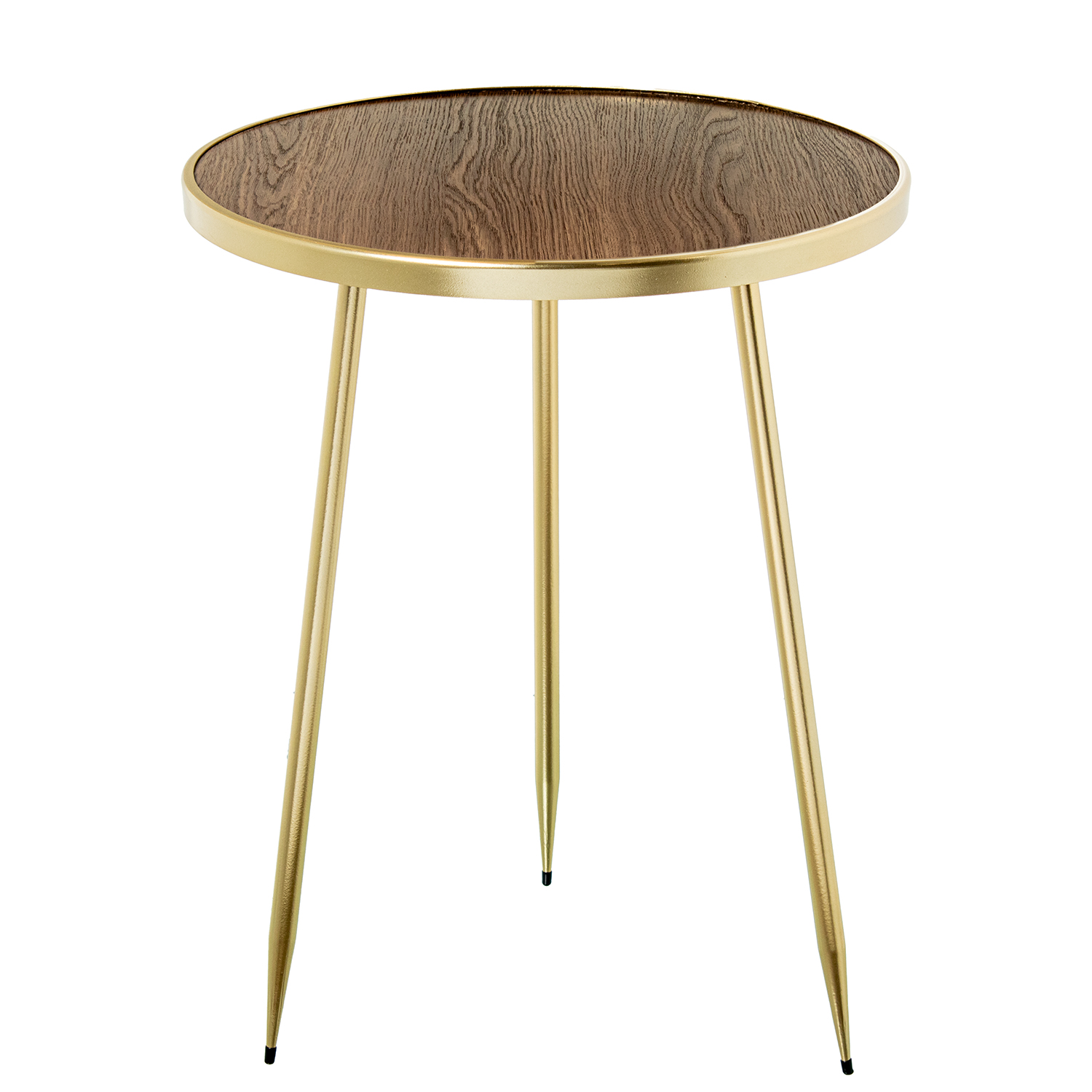 MESA AUXILIAR MADERA NOGAL BORDE DORADO C/PATAS METAL NEGRO