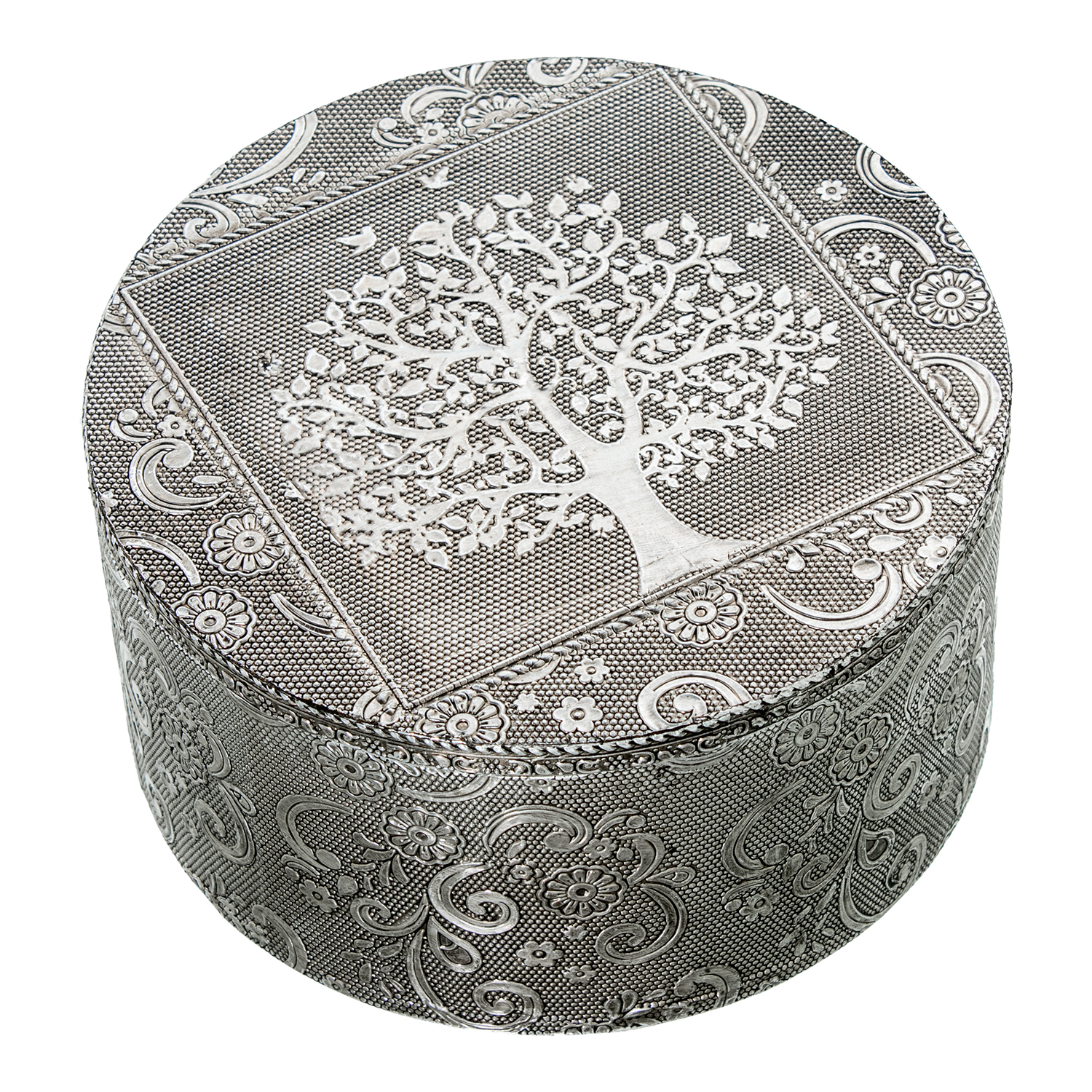JOYERO METAL PLATEADO REDONDO DECO. ARABESCOS