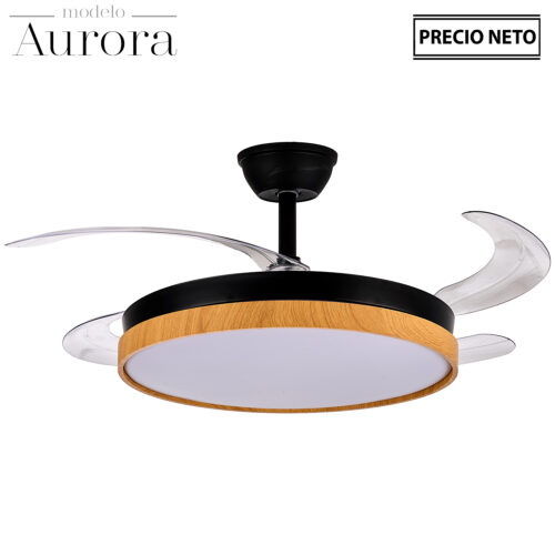 VENTILADOR TECHO C/LUZ 4 ASPAS RETRÁCT.BLANCO/MADERA AURORA