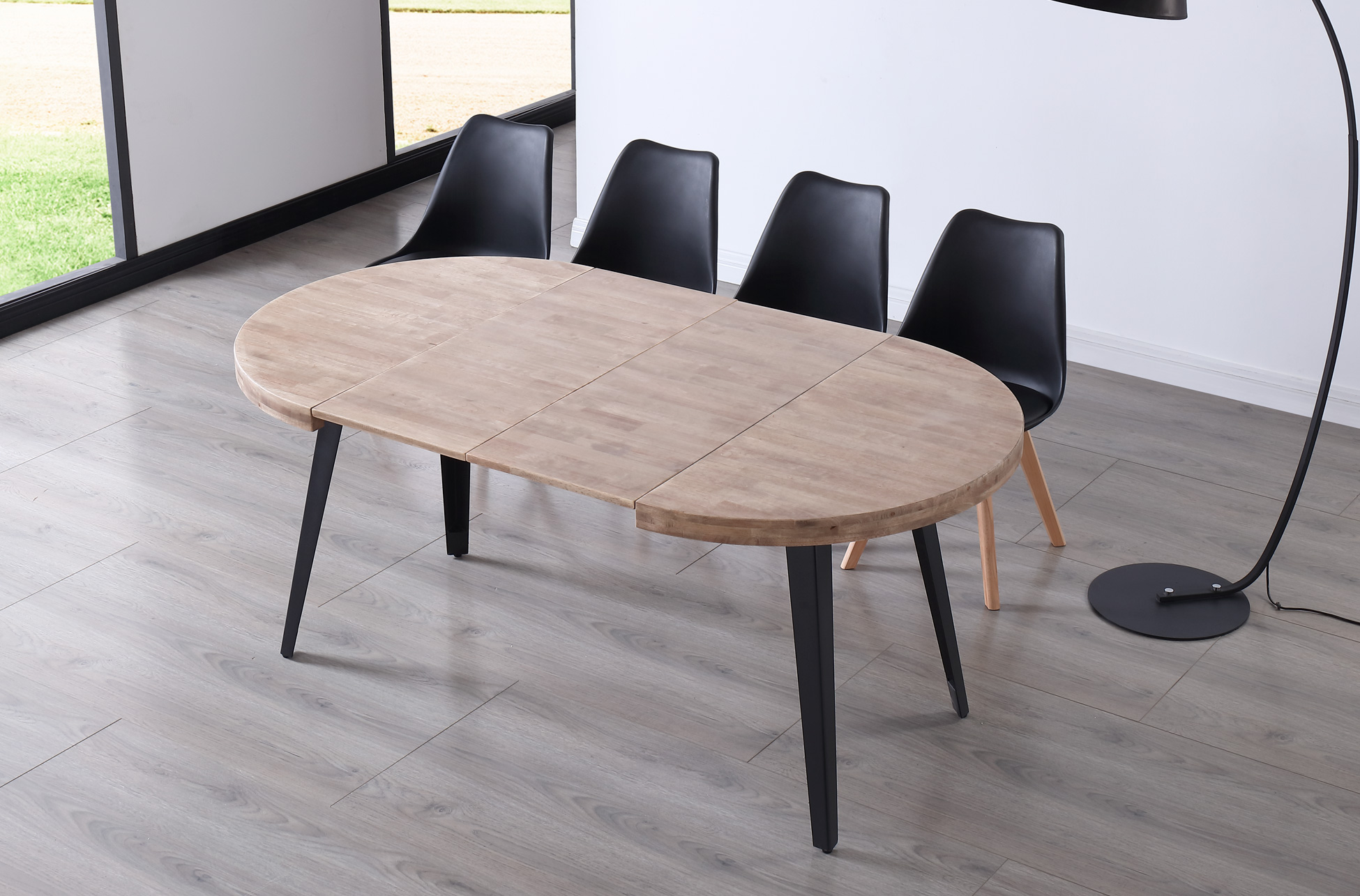 MESA COMEDOR REDONDA EXTENSIBLE BERG 100 - 140 - 180 CM ROBLE HONEY / NEGRO. - Imagen 5