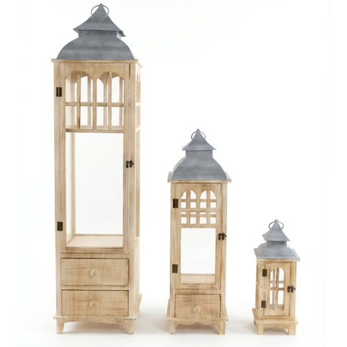 SET 3 FAROLES MADERA NATURAL PRTE SUPERIOR METAL