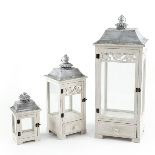 SET 3 FAROLES MADERA BLANCA PARTE SUPERIOR METAL