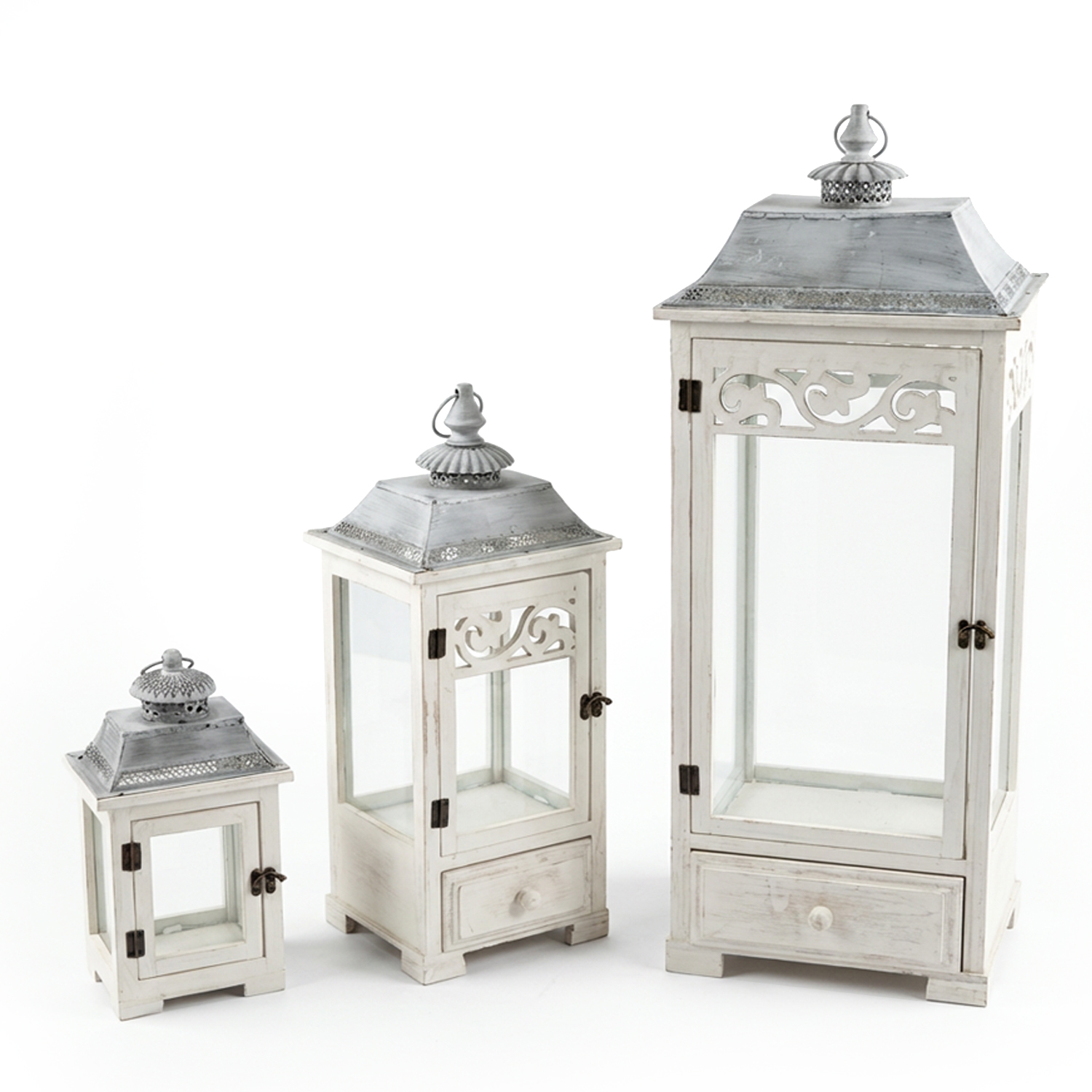 SET 3 FAROLES MADERA BLANCA PARTE SUPERIOR METAL