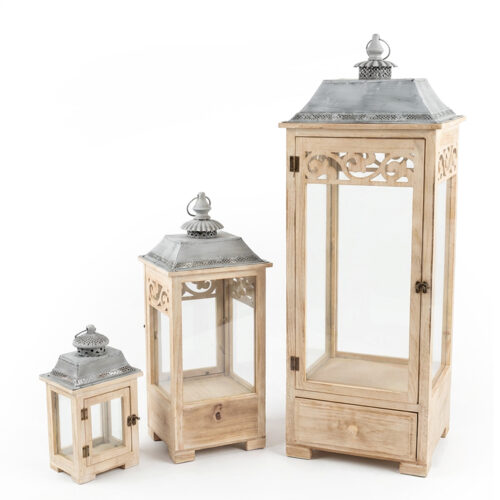 SET 3 FAROLES MADERA NATURAL PRTE SUPERIOR METAL