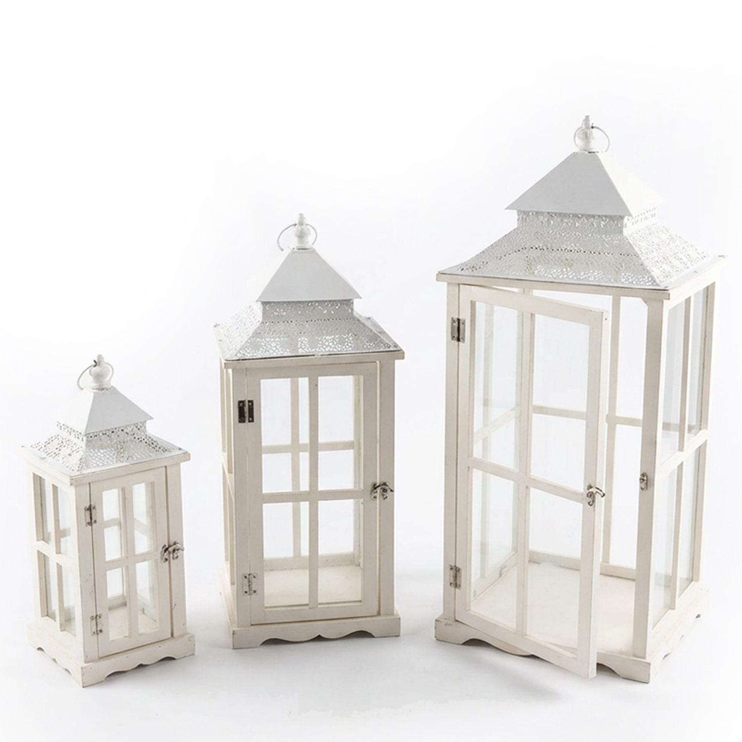 SET 3 FAROLES MADERA BLANCA PAARTE SUPERIOR METAL