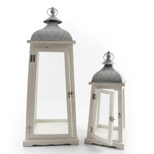 SET 2 FAROLES MADERA BLANCA PERTES SUPERIOR METAL