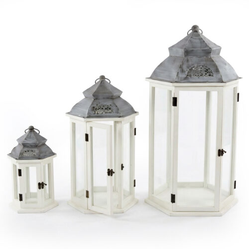 SET 3 FAROLES MADERA BLANCA PARTE SUPERIOR METAL