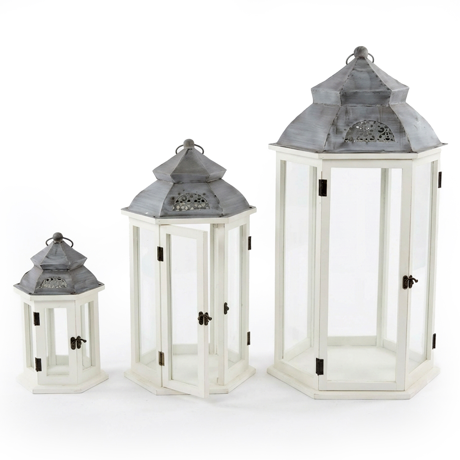 SET 3 FAROLES MADERA BLANCA PARTE SUPERIOR METAL