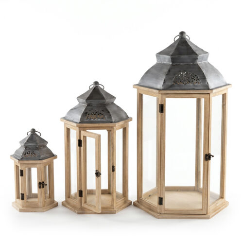 SET 3 FAROLES MADERA NATURAL PRTE SUPERIOR METAL