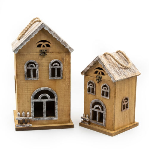 SET 2 FAROLES MADERA C/LUZ CASAS BLANCAS, TIRA LEDS