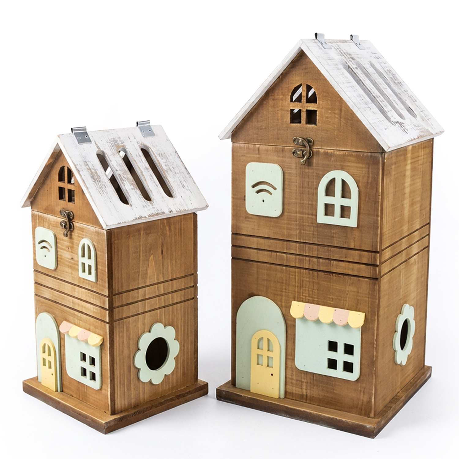 SET 2 FAROLES MADERA C/LUZ CASAS OCRE, TIRA LEDS