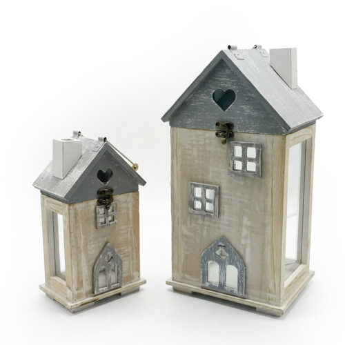 SET 2 FAROLES MADERA CASAS BLAAS BLANCAS, TIRA LEDS