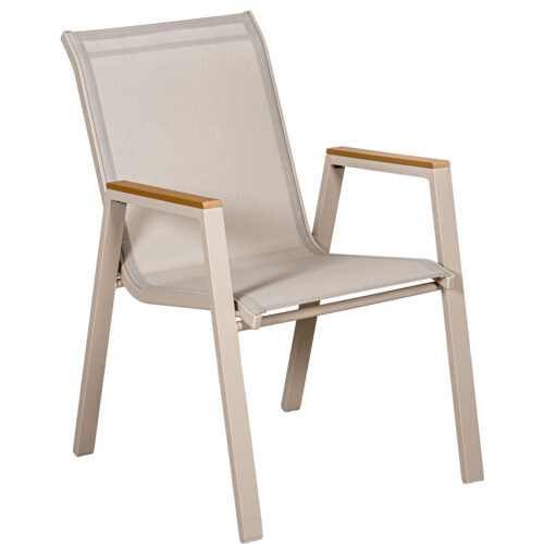 SILLA ALUMINIO TEXTILENO CREMACITA ACABADO MADERA APILABLE