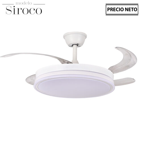 VENTILADOR TECHO C/LUZ SIROCOA BLANCO 4 ASPAS RETRÁCTILES