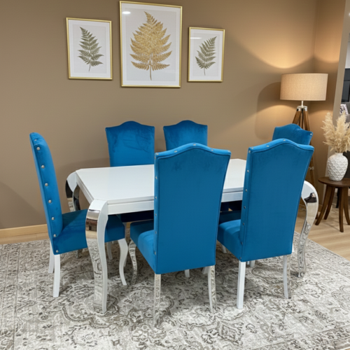 Conjunto mesa con 6 sillas terciopelo azul