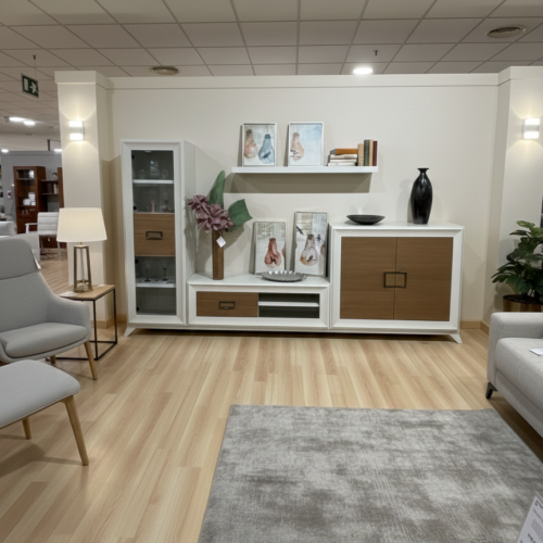 Composición salón contemporánea chapa madera y laca blanca