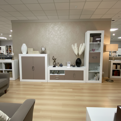 Conjunto salón minimalista lacado blanco y topo