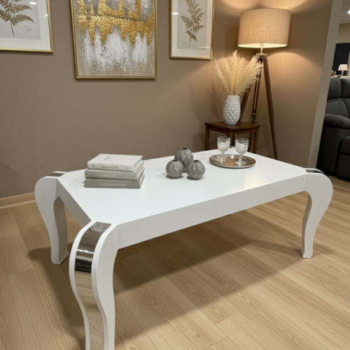 Mesa centro blanco lacado con tapa elevable y patas isabelinas cromadas