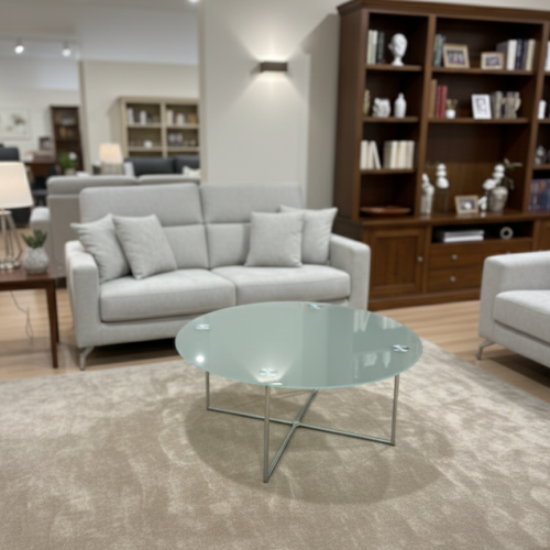 Mesa de centro cristal redonda con patas metálicas