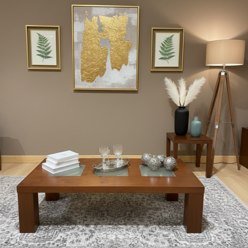 Mesa de centro en madera con detalles de cristal