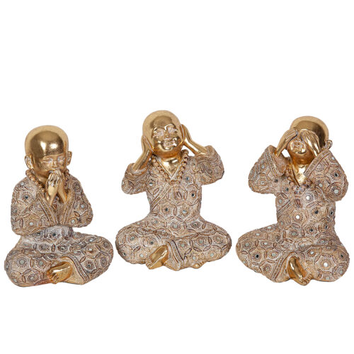 SET 3 MONJES SENTIDOS RESINA DLATEADO