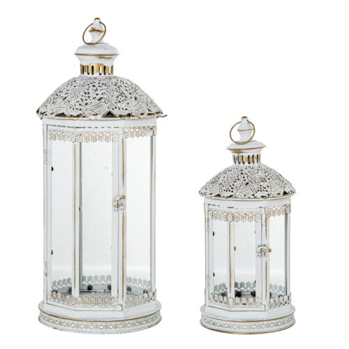 SET 2 FAROLES METAL BLANCO/ORO