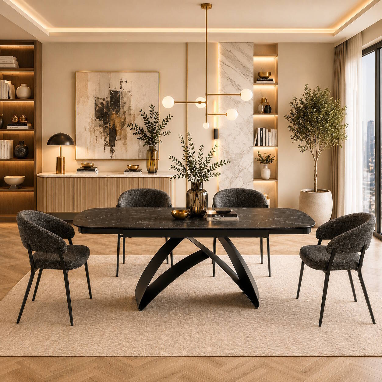 MESA COMEDOR EXTENSIBLE MOD. KAYLA (160/240 CM) PATA NEGRA SOBRE CERAMICO BLACK&WHITE