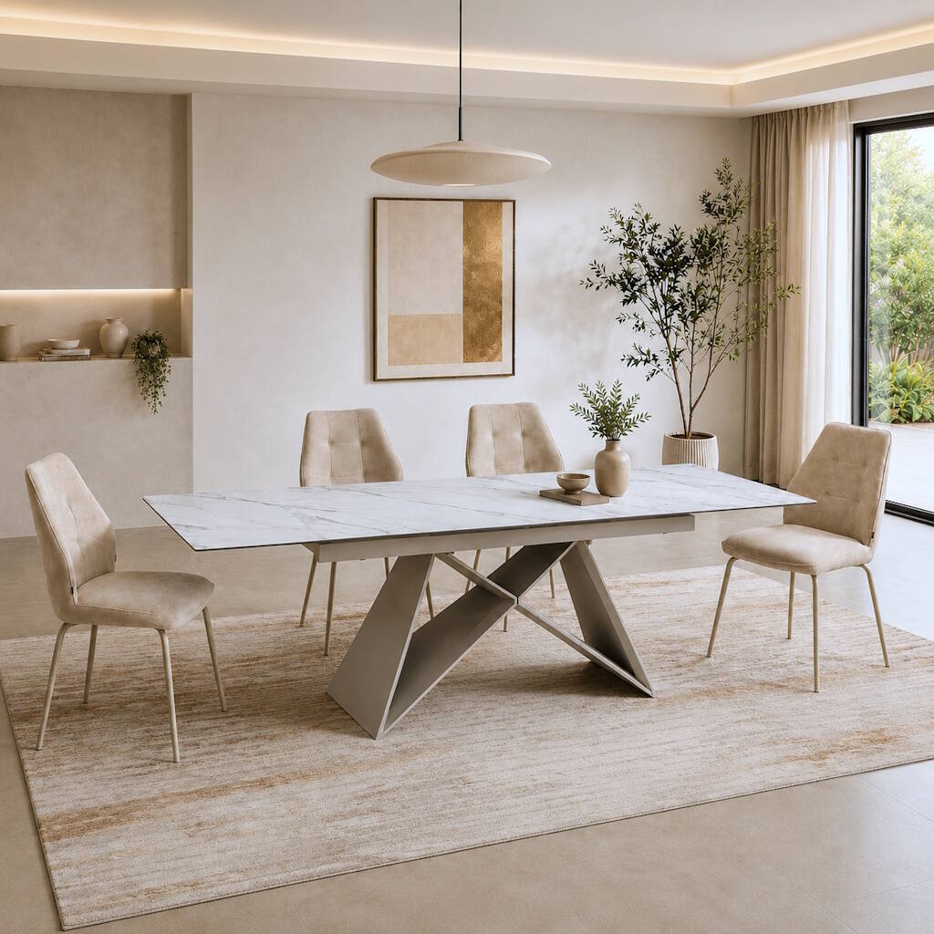 MESA COMEDOR EXTENSIBLE MOD. MAREN-180 (180/260 CM) PATA CREMA SOBRE CERAMICO WHITE&GOLD