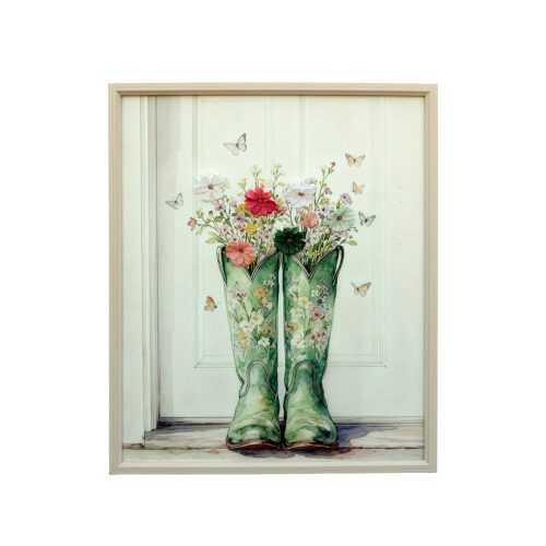 CUADRO C/MARCO MADERA 50X60X3,5CM BOTAS C/FLORES