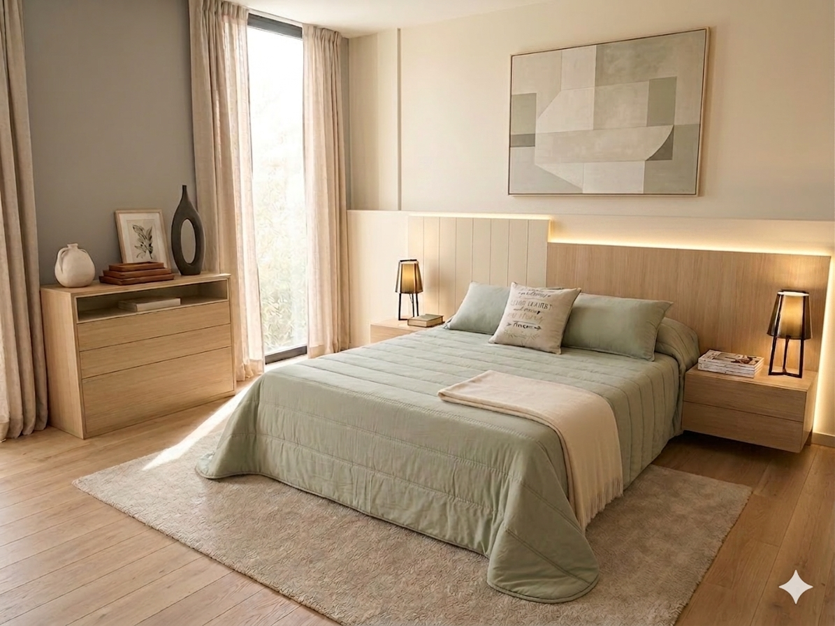Dormitorio matrimonio con cabecero tipo panel escalonado
