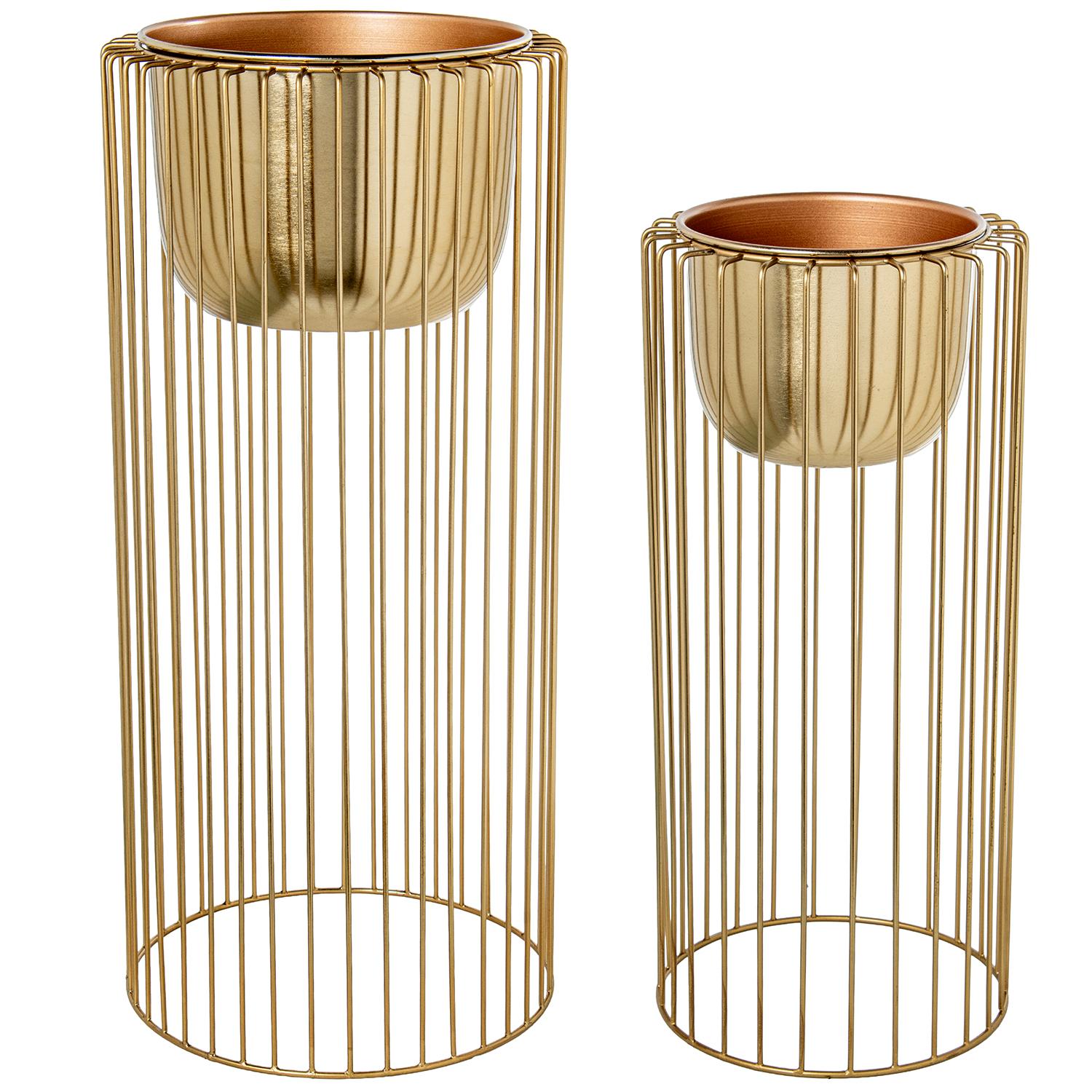 SET 2 MACETEROS C/PIE METAL DORADO/BLANCO