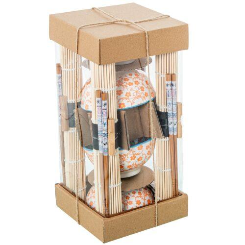 SET 4 CUENCOS PORCELANA C/PALILLOS BAMBÚ+ SALVAMANTELES BAMB