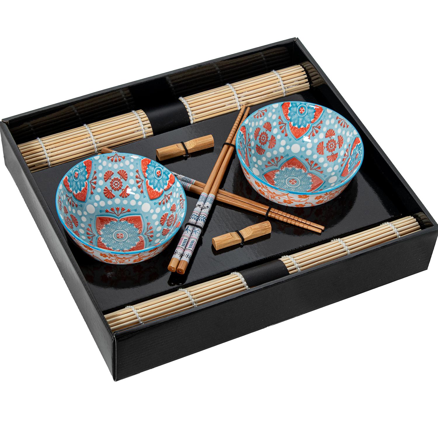 SET 2 CUENCOS PORCELANA C/PALILLOS BAMBÚ+ SALVAMANTELES BAMB