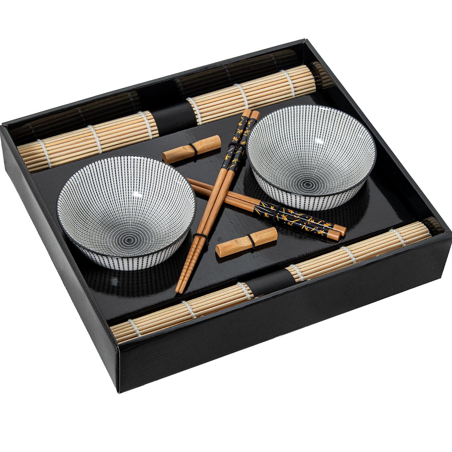 SET 2 CUENCOS PORCELANA C/PALILLOS BAMBÚ+ SALVAMANTELES BAMB