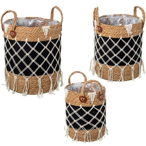 SET 3 CESTOS MIMBRE NATURAL TELA BLANCA C/FLECOS