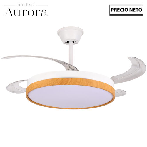 VENTILADOR TECHO C/LUZ AURORA NEGRO/MADERA 4 ASPAS RETRÁCTI