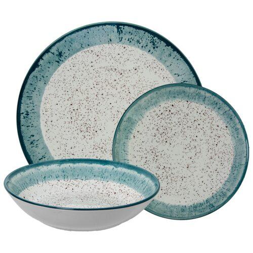 VAJILLA 18 PZS PORCELANA DECO. MOTEADO BORDE MARRÓN