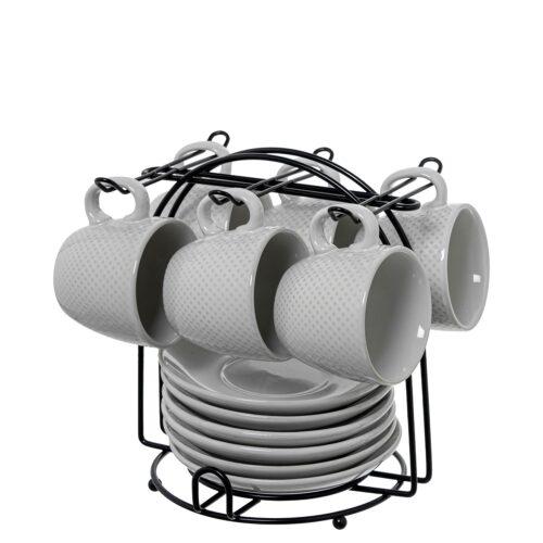 SET 6 TAZAS CAFÉ C/PLATO CERÁMA BLANCA C/SOPORTE METAL NEGRO
