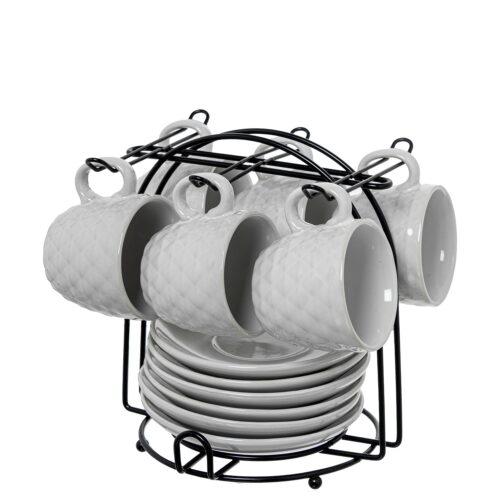 SET 6 TAZAS CAFÉ C/PLATO CERÁMA BLANCA C/SOPORTE METAL NEGRO