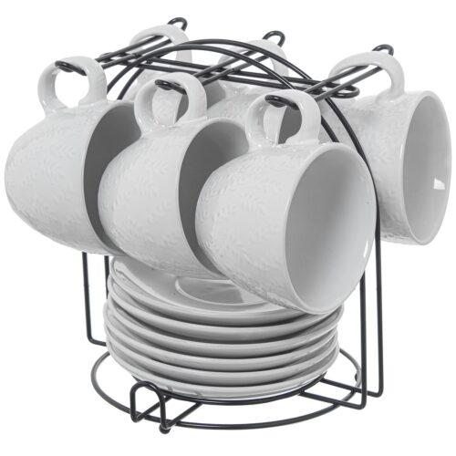 SET 6 TAZAS TÉ C/PLATO CERÁMICICA BLANCA C/SOPORTE METAL NEG