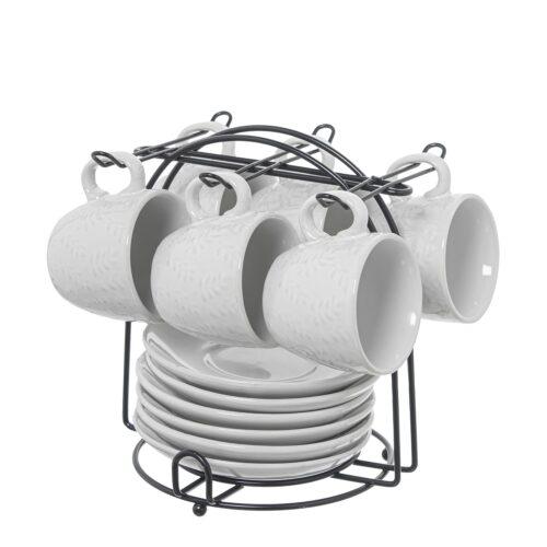 SET 6 TAZAS CAFÉ C/PLATO CERÁMA BLANCA C/SOPORTE METAL NEGRO