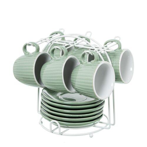SET 6 TAZAS CAFÉ C/PLATO CERÁMA VERDE MENTA C/SOPORTE METAL