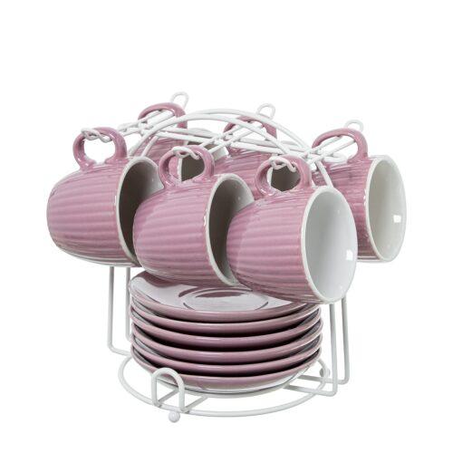 SET 6 TAZAS CAFÉ C/PLATO CERÁMA ROSA PALO C/SOPORTE METAL BL