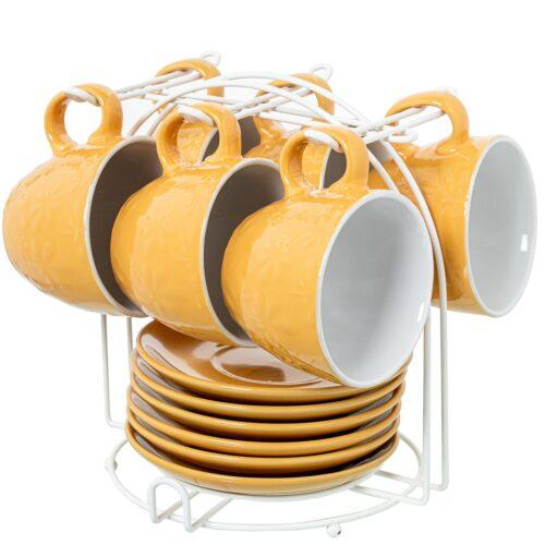 SET 6 TAZAS TÉ C/PLATO CERÁMICICA ROSA PALO C/SOPORTE METAL
