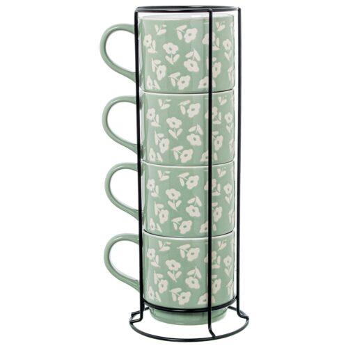 SET 4 MUGS CERÁMICA VERDE FLORICA COLOR ROSA C/SOPORTE METAL